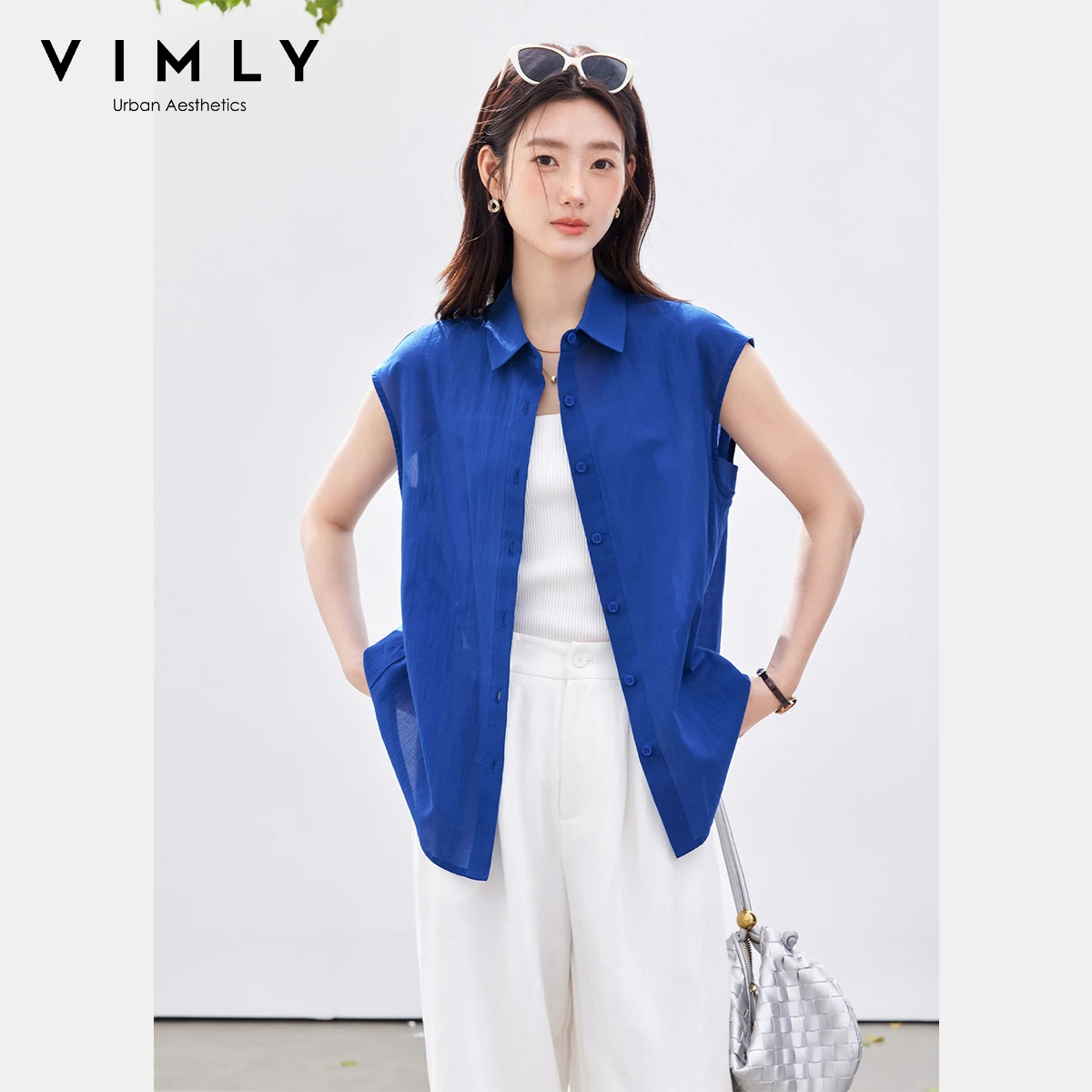 Shirt Camp Collar - VIMLY Minimalistische Kantoor Mouwloze Blouse Dames