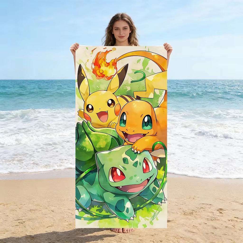 Beach Towel Large - P-Pokemon Starters Anime strandlaken, Pikachu Charmander